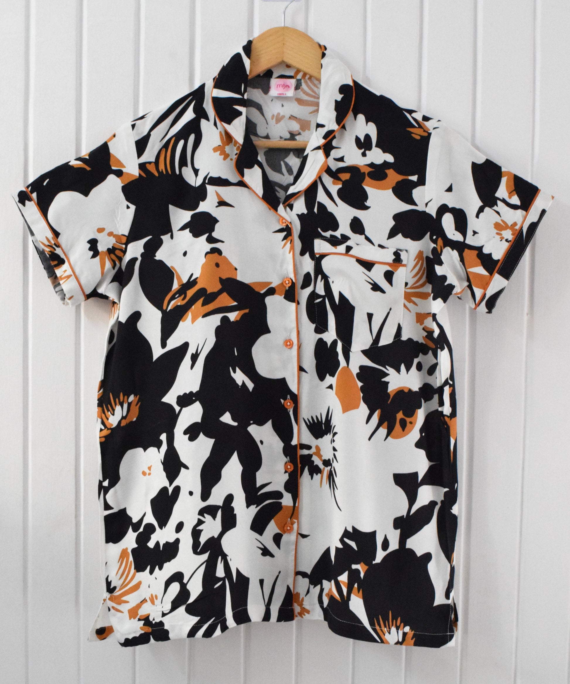 Women's handmade rayon cotton black and white abstract floral pajama set.