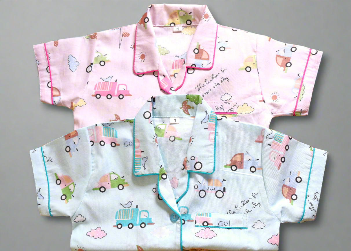 Pink Cars Print Kids Cotton PJ Set Nightwear