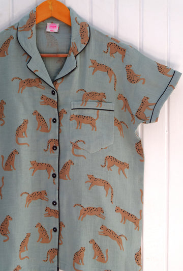 Green Cheetah Cotton Double Cloth PJ Set