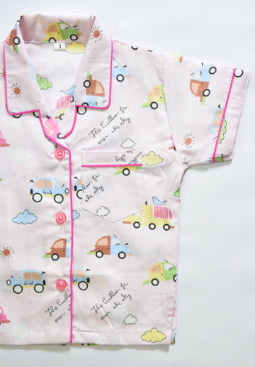 Pink Cars Print Kids Cotton PJ Set | Soft & Cozy Nightwear for Kids