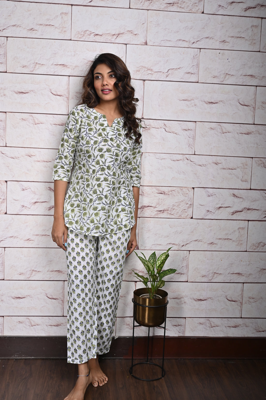 Green White Floral Cotton Loungewear Set