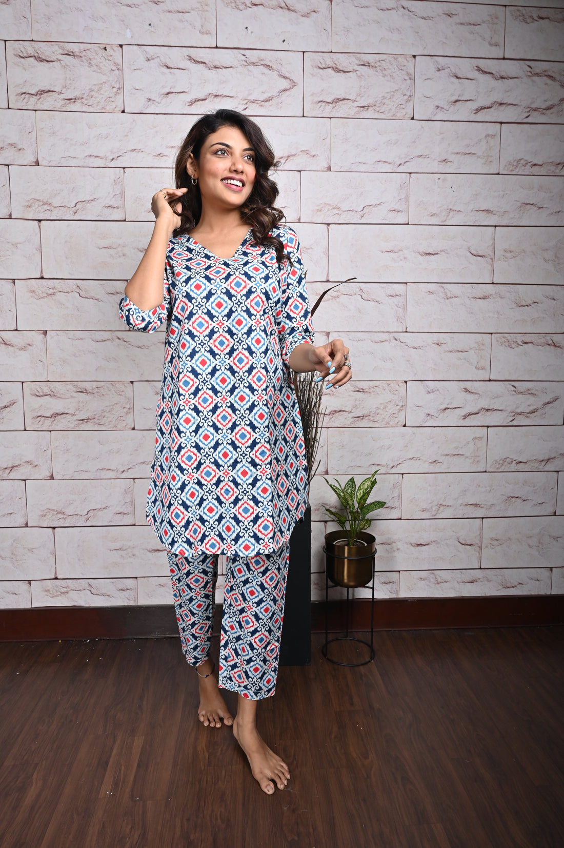Red Blue Ikkat Cotton Loungewear Set