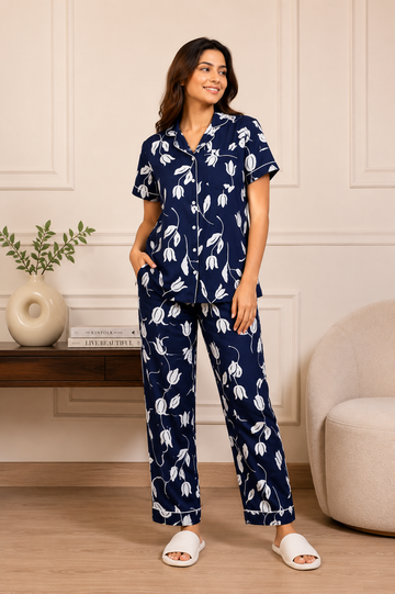 Blue & White Floral Cotton PJ Set