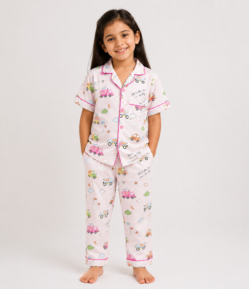 Pink Cars Print Kids Cotton PJ Set