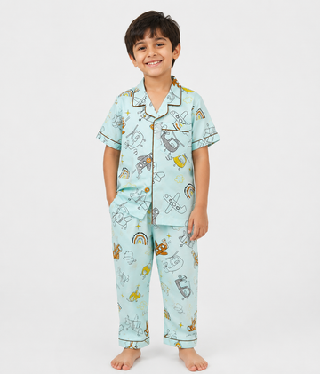 Sky Blue Airplane Print Kids Cotton PJ Set