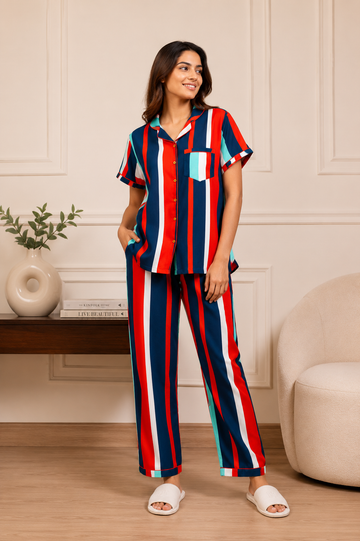 Multi Colour Stripes Rayon Cotton PJ Set