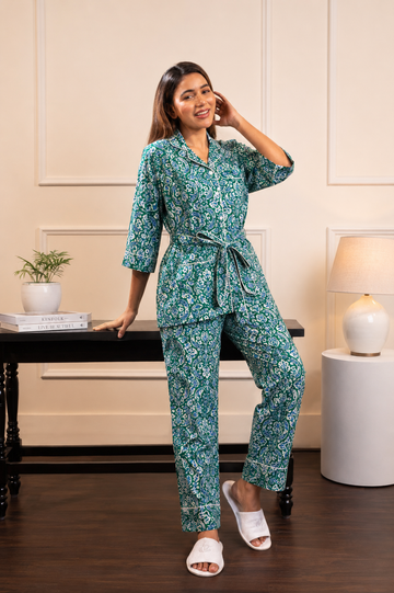 Royal Emerald Rayon Cotton Belted PJ Set