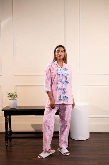 Pink Stripes Bow Nightsuit