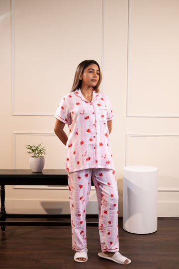 Pink Stripes Cherry Muslin Pj Set