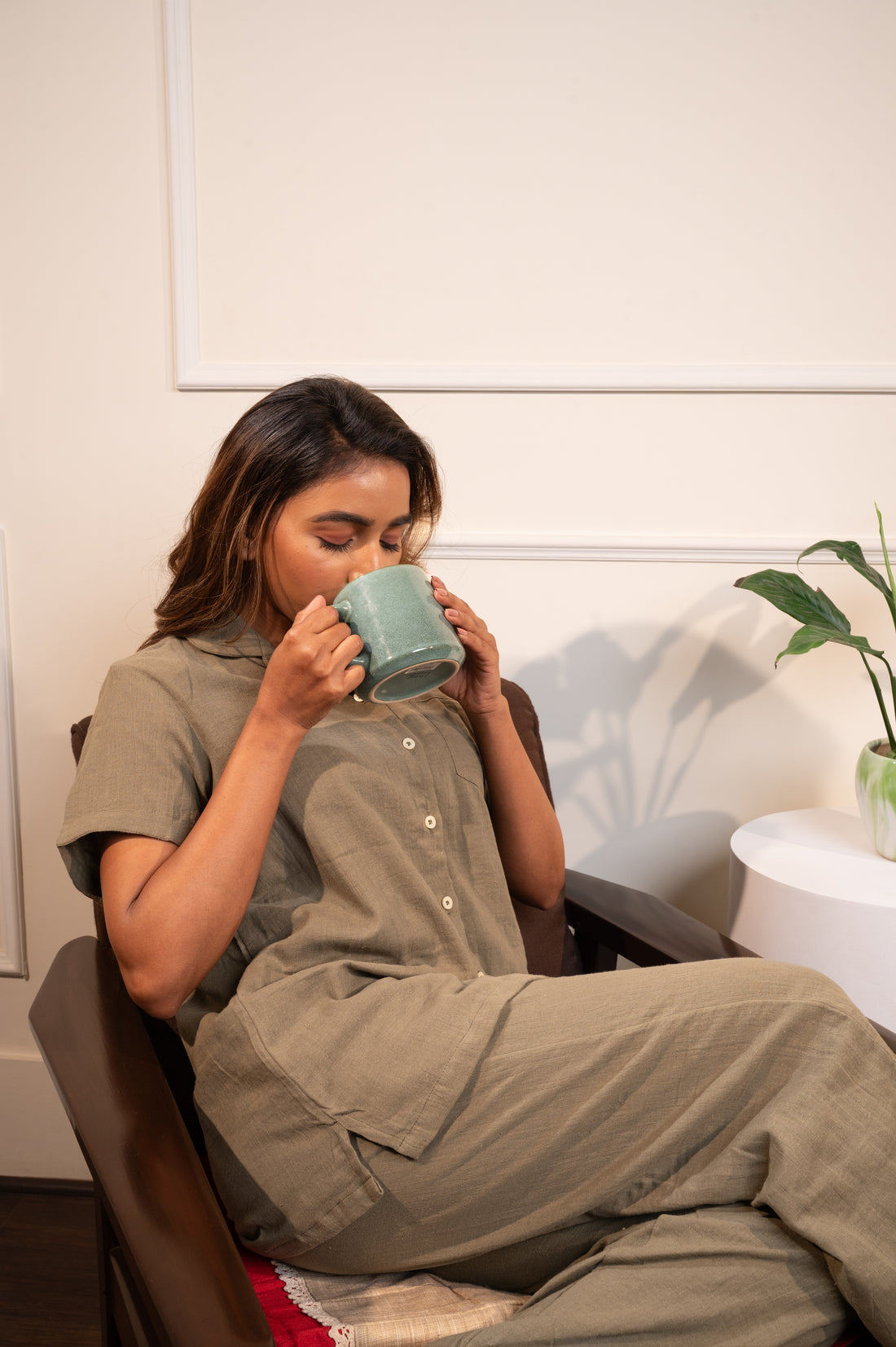 Solid Olive Green Muslin Pj set