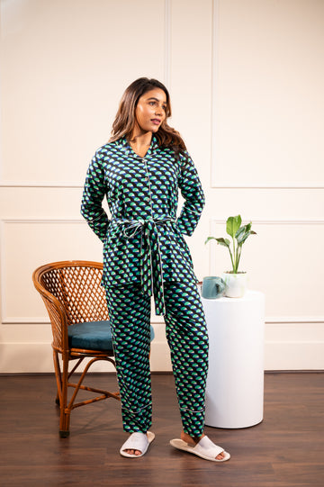 Green Blue Printed Belt Nightsuit