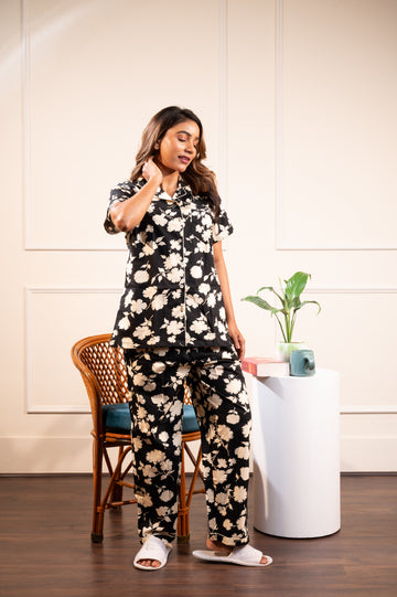 Black Beige Floral Pj Set