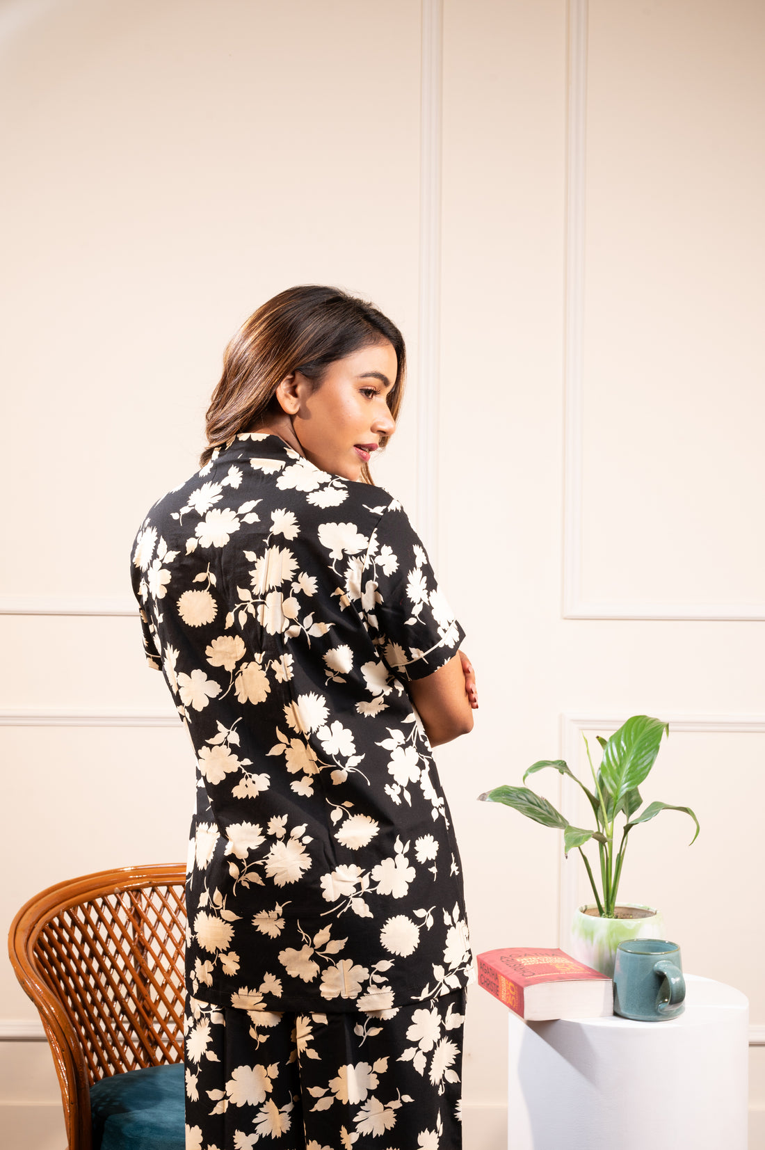 Black Beige Floral Pj Set
