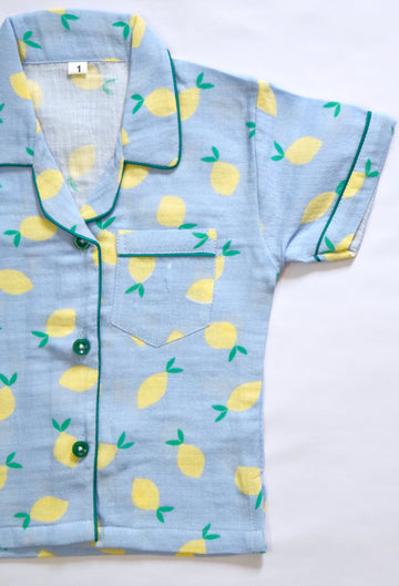 Blue Lemon Print Cute Cotton Kids PJ Set
