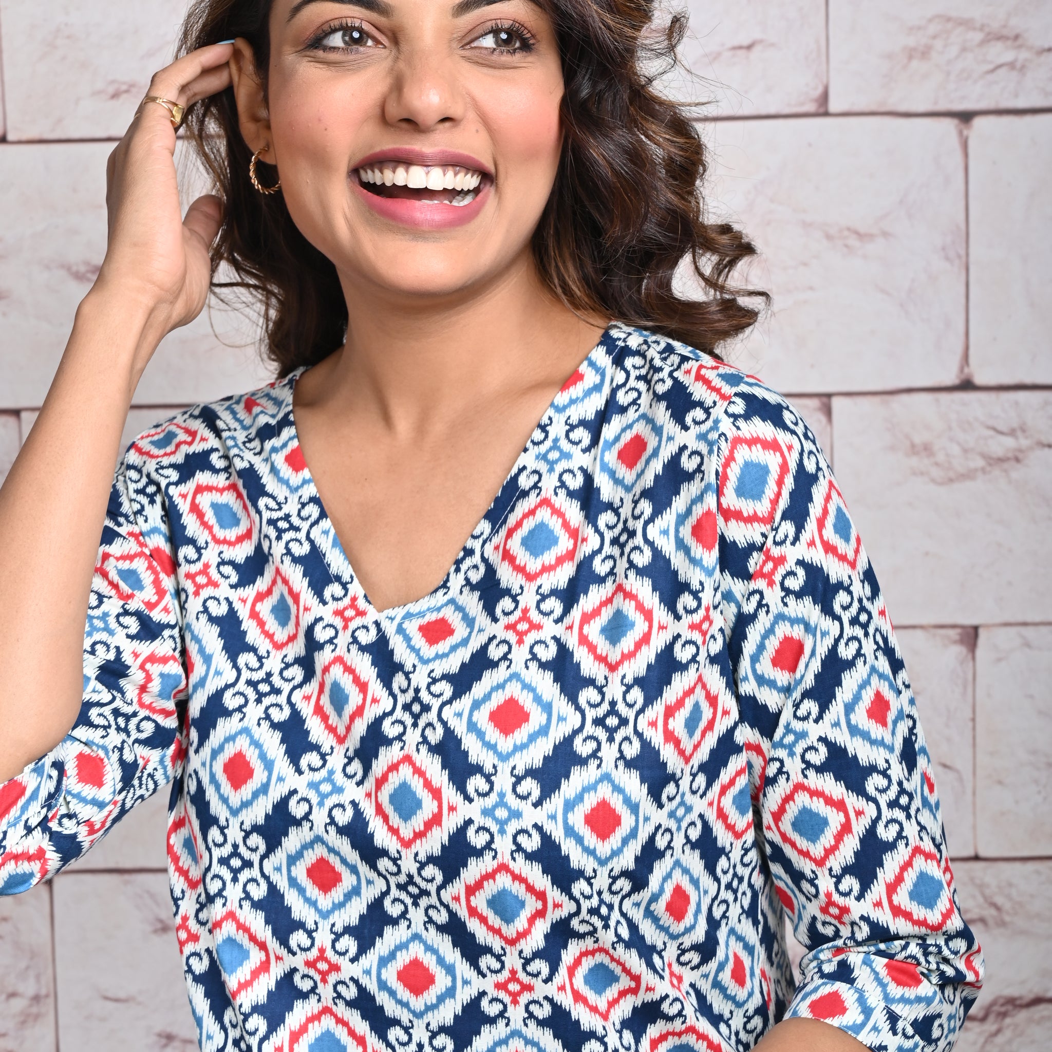 Red Blue Ikkat Cotton Loungewear Set