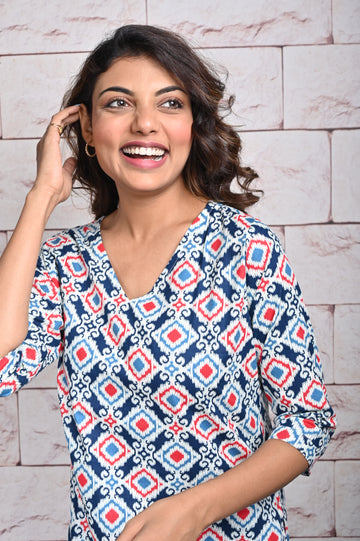 Red Blue Ikkat Cotton Loungewear Set