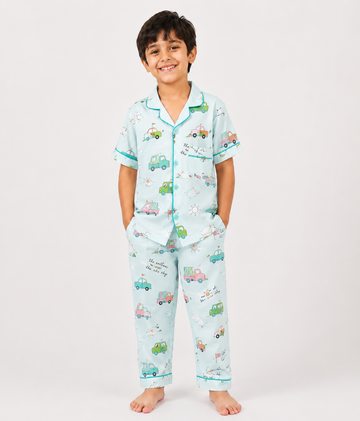 Blue Cars Print Kids Cotton PJ Set