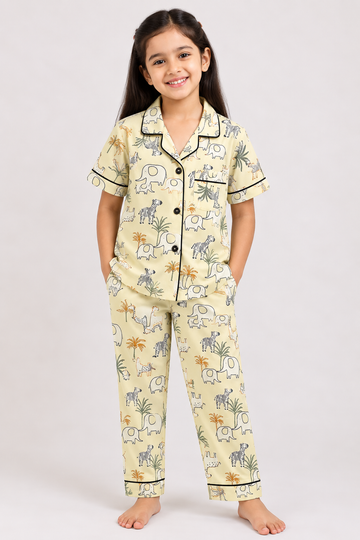 Yellow Animal Print Kids Cotton Nightwear PJ Set