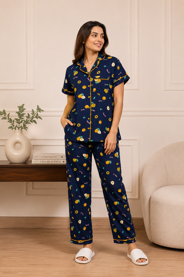 Blue Fruits Print Rayon Cotton PJ Set