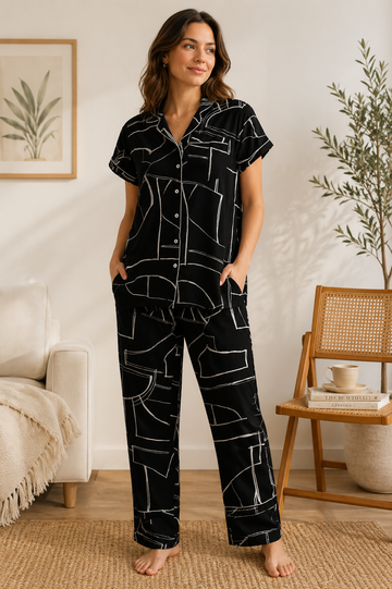 Black Marble Rayon Cotton PJ Set